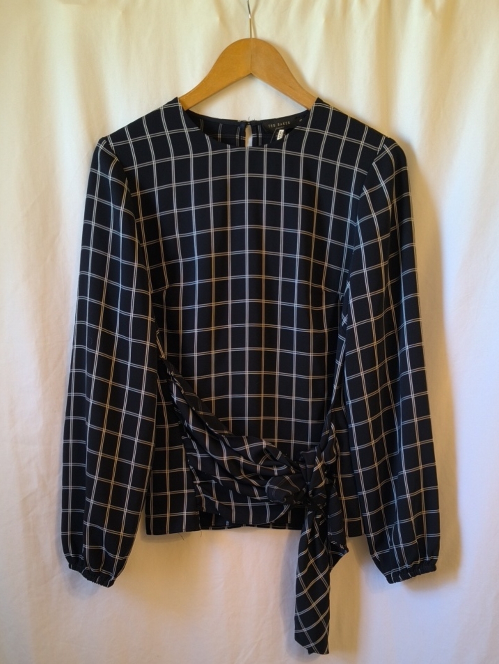 Ted Baker Navy Grid Tie-Waist Long Sleeve Blouse